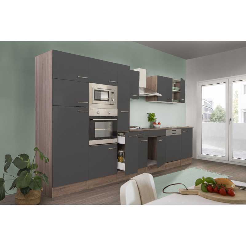 V22 - Küchenzeile Küchenblock 370cm Eiche York Glanz grau
