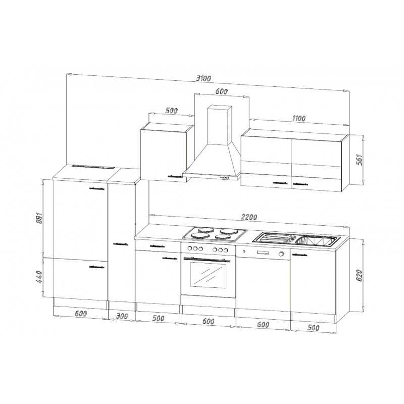 V2 - Küchenzeile Küchenblock 310cm Eiche Sonoma schwarz