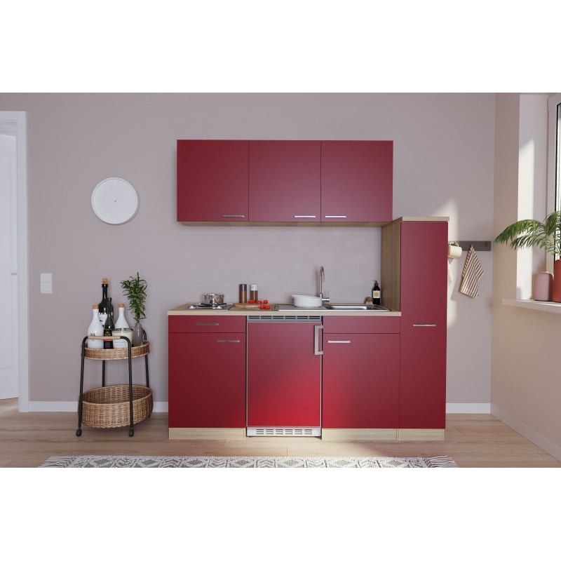 V11 - Singleküche Küchenzeile 180cm Eiche Sägerau rot