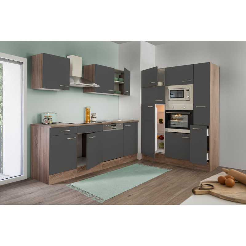 V1 - Küchenzeile Küchenblock 370cm Eiche York Glanz grau