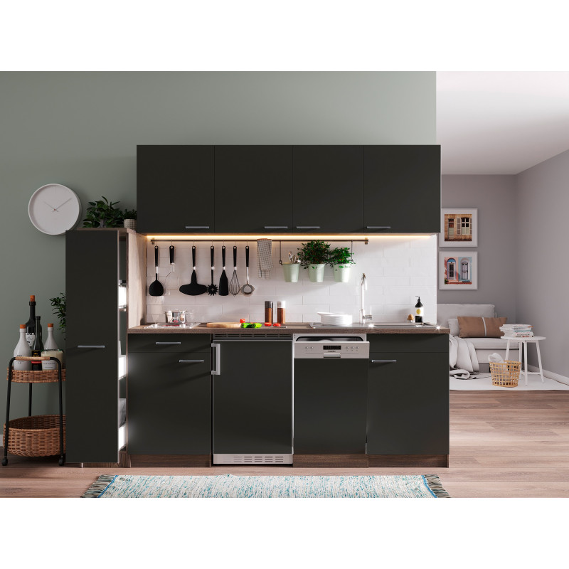 V5 - Singleküche Küchenzeile 225cm Eiche York grau