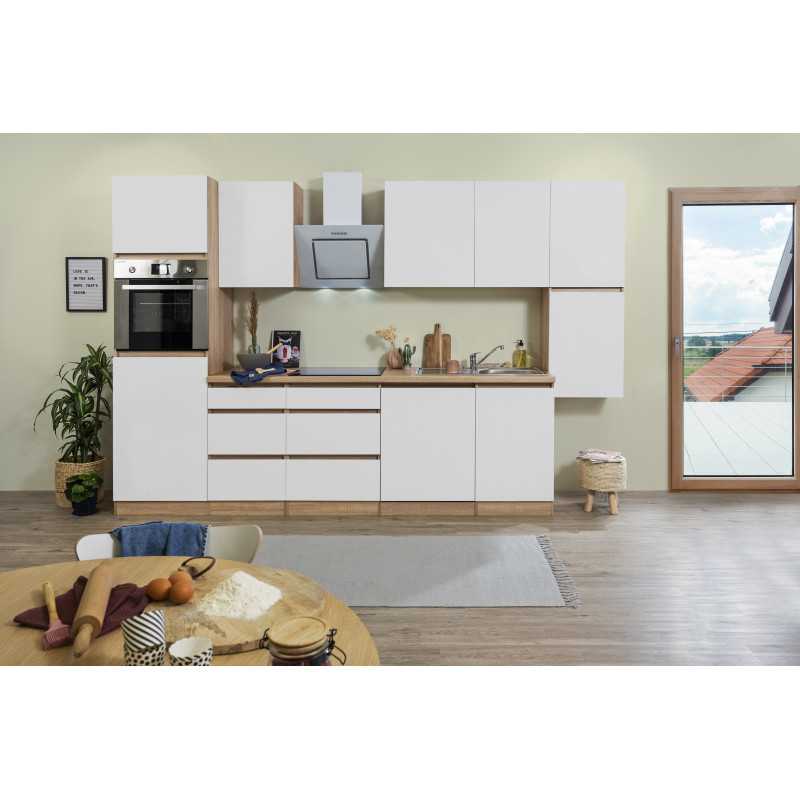 V8 - Küchenzeile Küchenblock 330cm Eiche Sonoma Glanz weiss