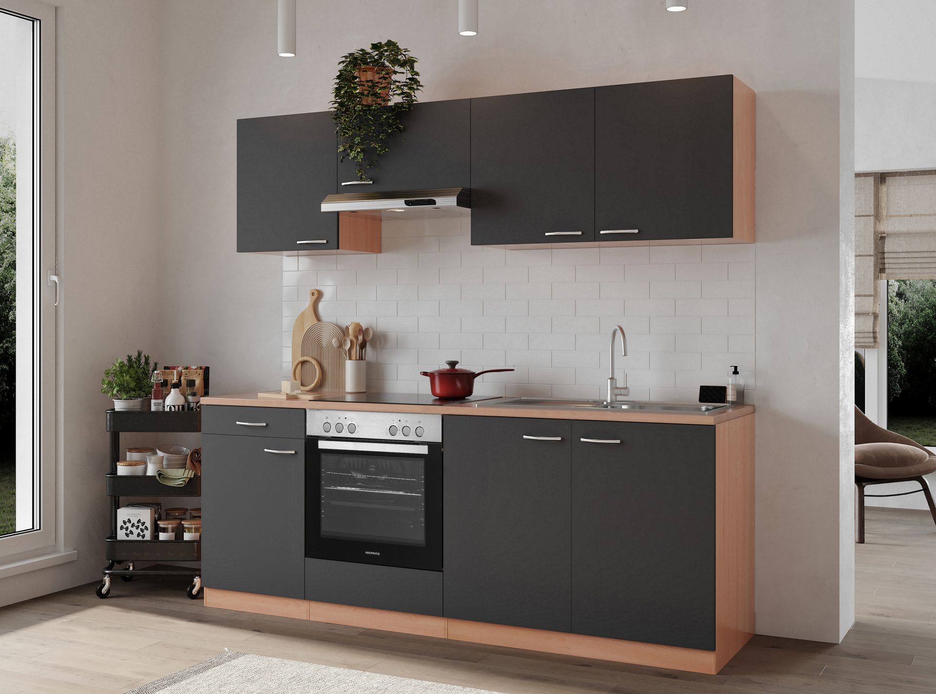 V5 - Küchenzeile Singleküche 210cm Buche grau