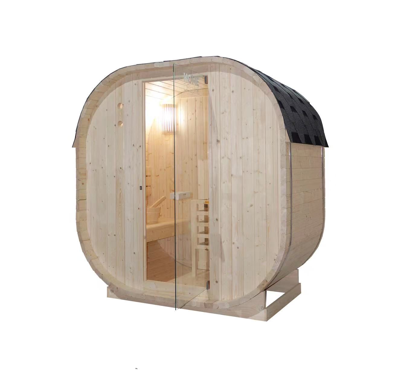 Traditionelle Sauna - Outdoor Fasssauna SION M mit Ofen (3,6kW) + Zubehör - 194x185x120cm