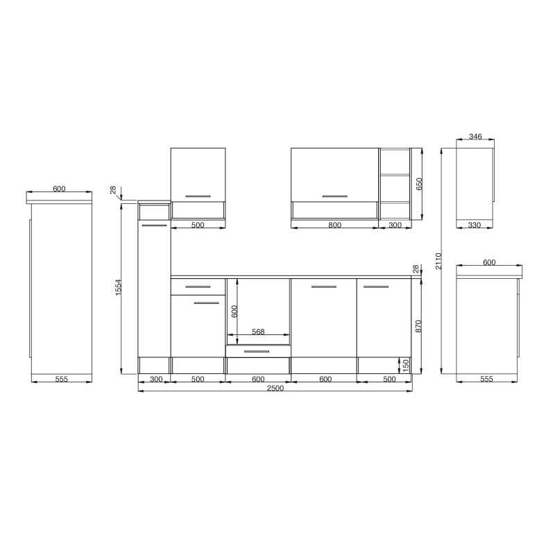 V17 - Küchenzeile Singleküche 250cm Wildeiche grau