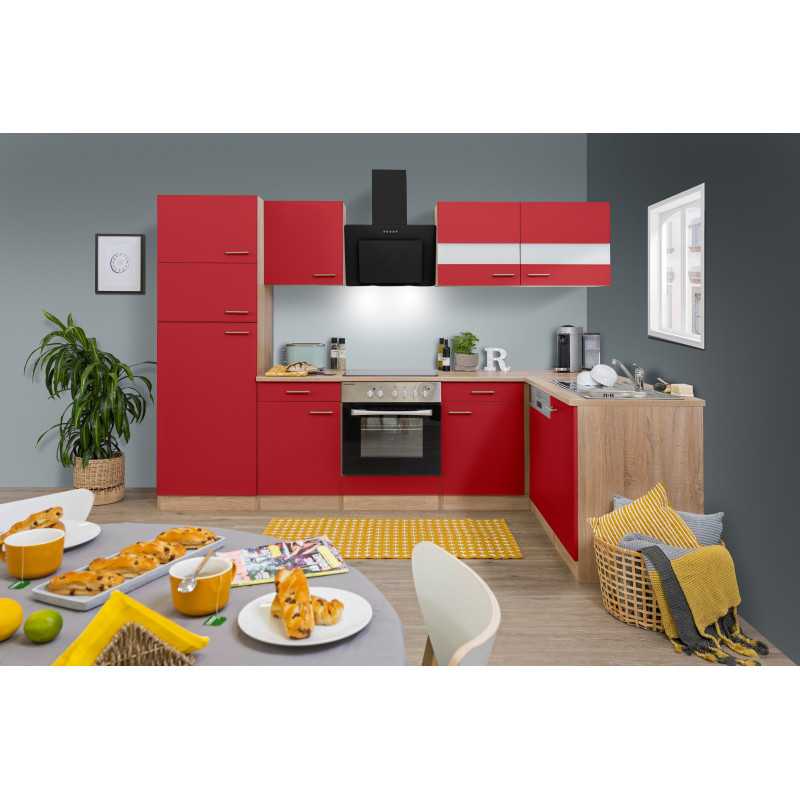 V3 - Küchenzeile Winkelküche L-Küche 280cm Eiche Sägerau rot