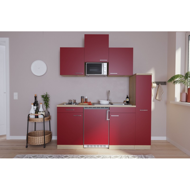 V48 - Singleküche Küchenzeile 180cm Eiche Sägerau rot