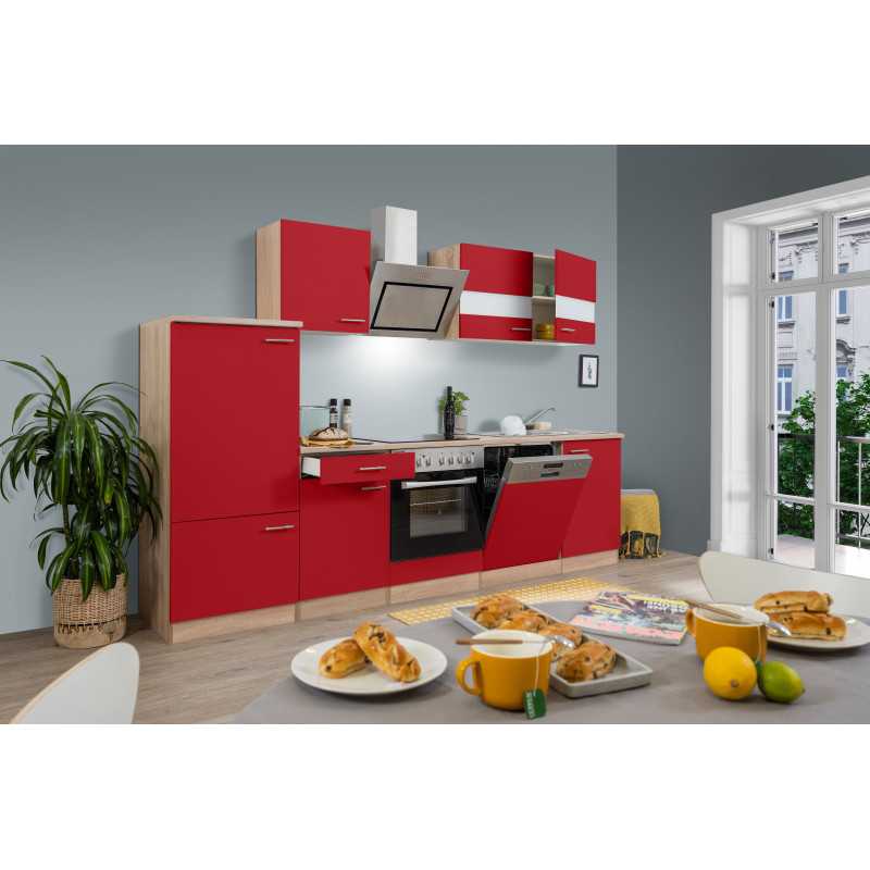 V37 - Küchenzeile Küchenblock 280cm Eiche Sägerau rot