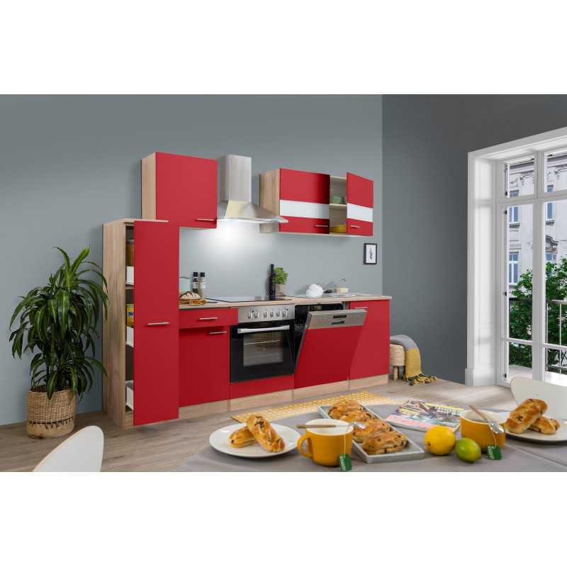 V9 - Küchenzeile Singleküche 250cm Eiche Sägerau rot