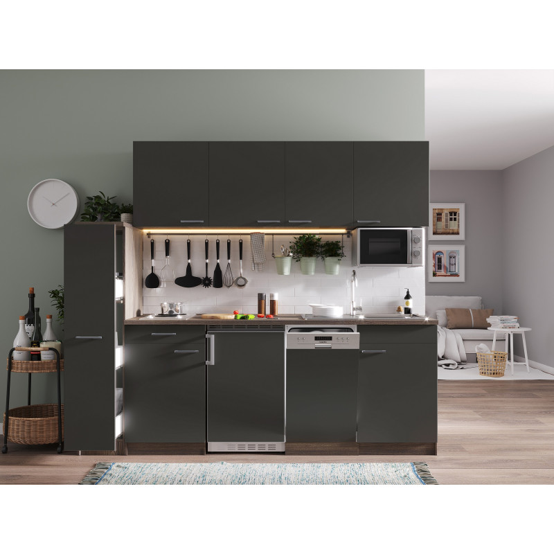 V14 - Singleküche Küchenzeile 225cm Eiche York grau