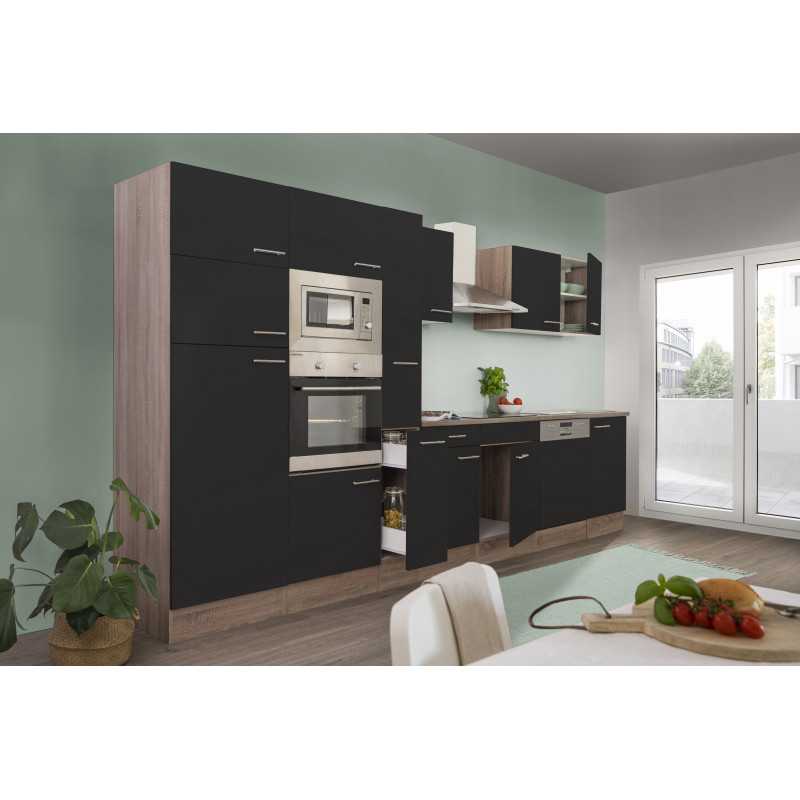 V4 - Küchenzeile Küchenblock 370cm Eiche York Glanz schwarz
