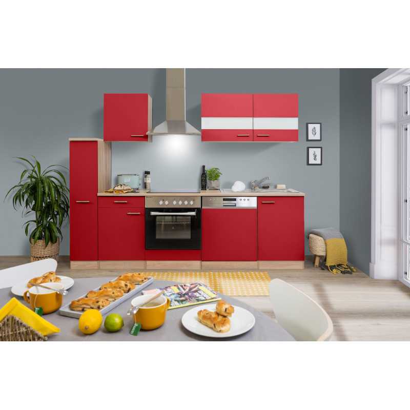 V9 - Küchenzeile Singleküche 250cm Eiche Sägerau rot