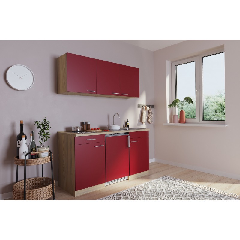V37 - Singleküche Küchenzeile 150cm Eiche Sägerau rot