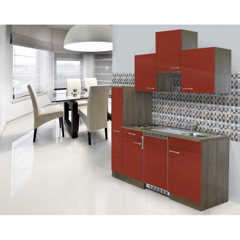 V36 - Singleküche Küchenzeile 180cm Eiche York rot