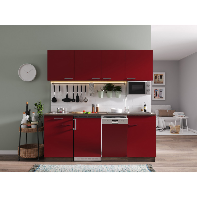 V13 - Singleküche Küchenzeile 195cm Eiche York rot