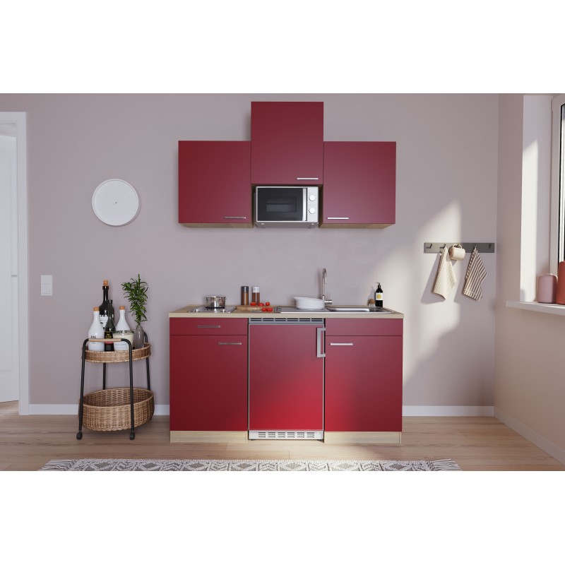 V58 - Singleküche Küchenzeile 150cm Eiche Sägerau rot