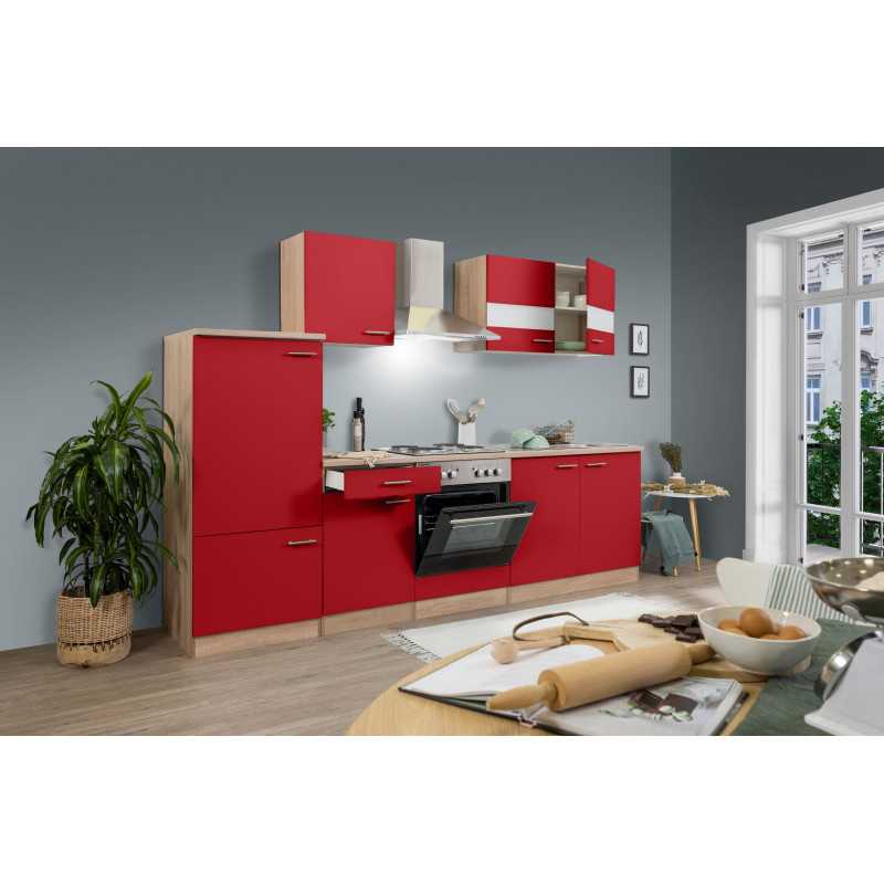V34 - Küchenzeile Singleküche 270cm Eiche Sonoma rot