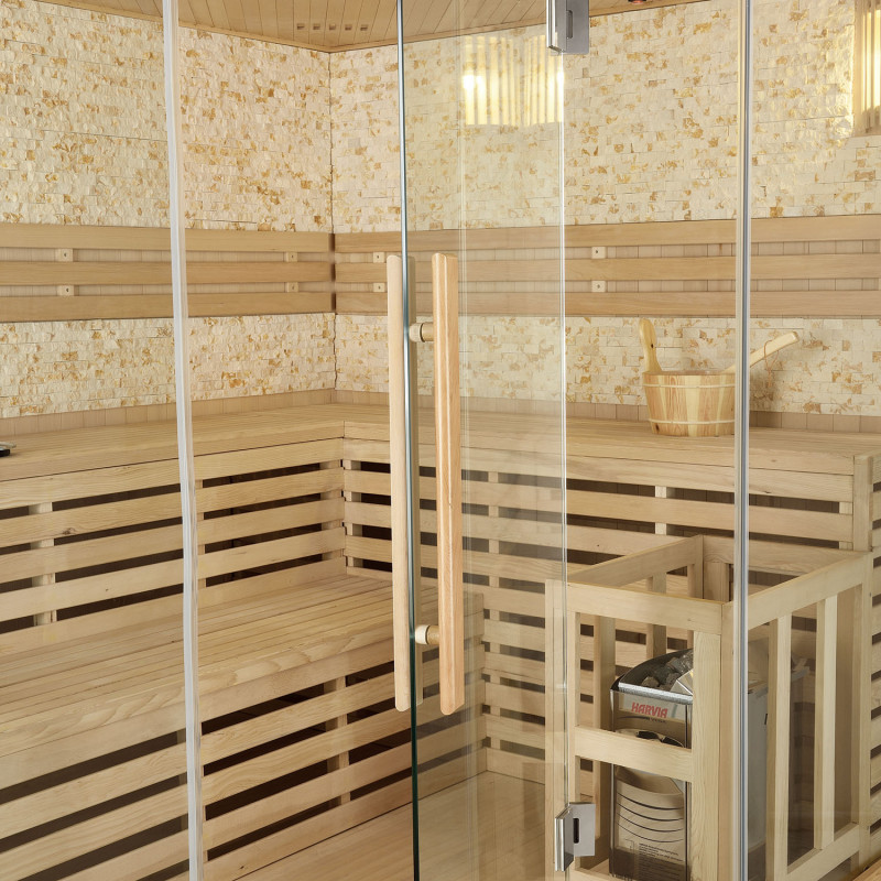 Traditionelle Sauna - Finnische Saunakabine TESSIN200 STEIN mit Harvia-Ofen (8kW) - 200x200x200cm