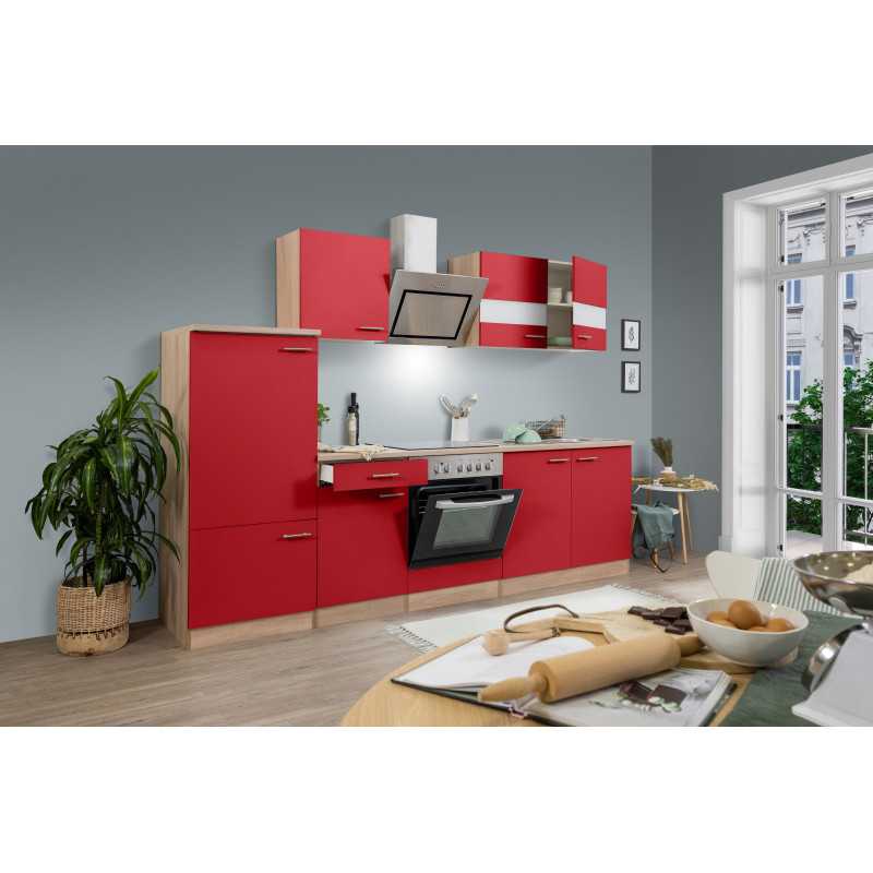 V56 - Küchenzeile Singleküche 270cm Eiche Sonoma rot