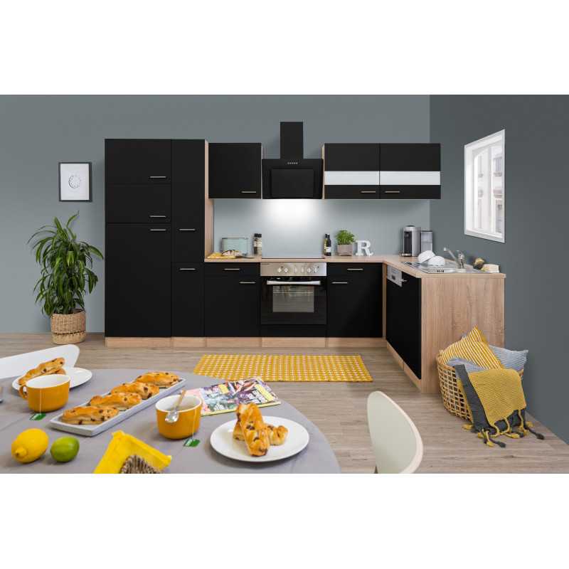 V6 - Küchenzeile Winkelküche L-Küche 310cm Eiche Sägerau schwarz