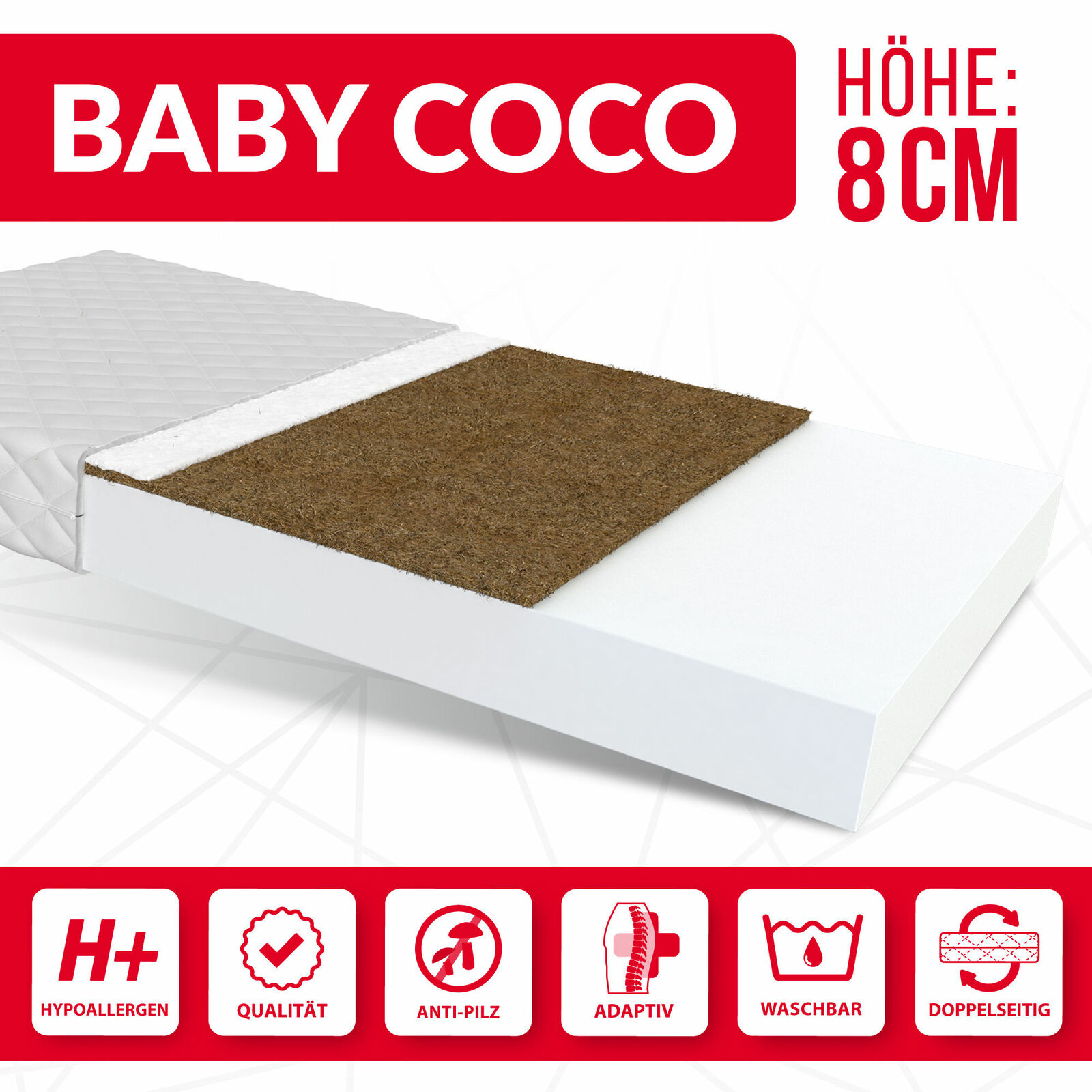Kindermatratze 80x180 BABY COCO Kokos Kaltschaum beidseitig