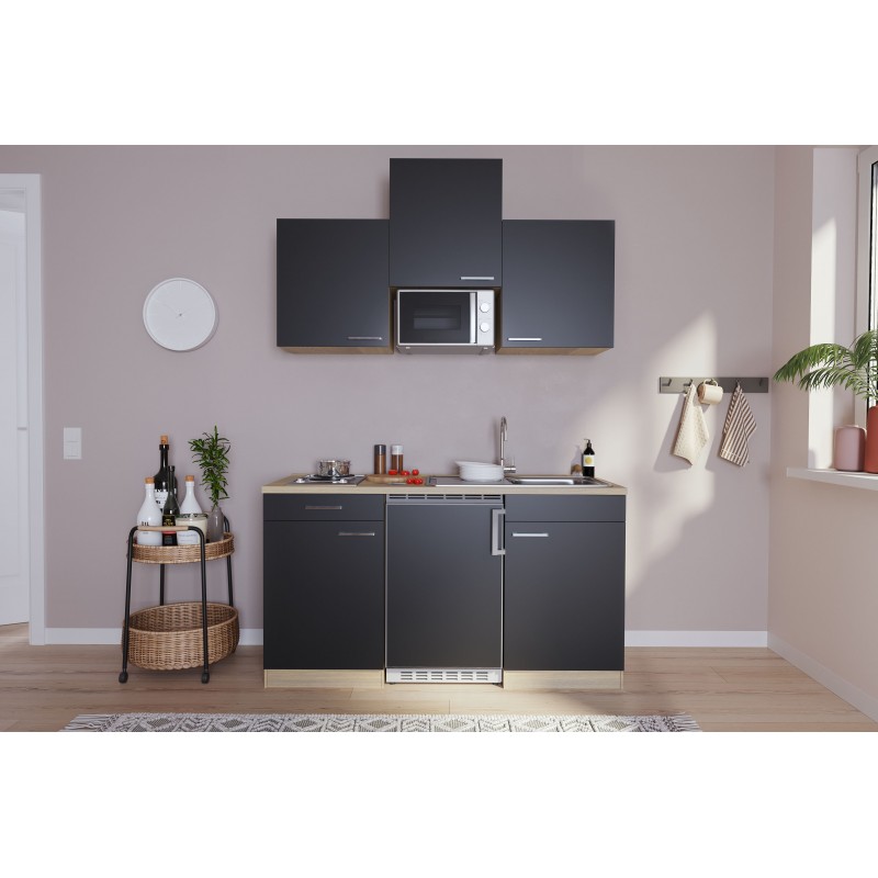 V42 - Singleküche Küchenzeile 150cm Eiche Sägerau schwarz