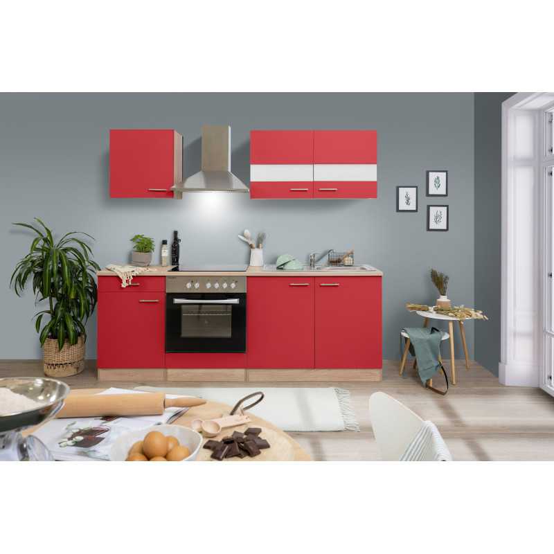 V21 - Küchenzeile Singleküche 210cm Eiche Sägerau rot