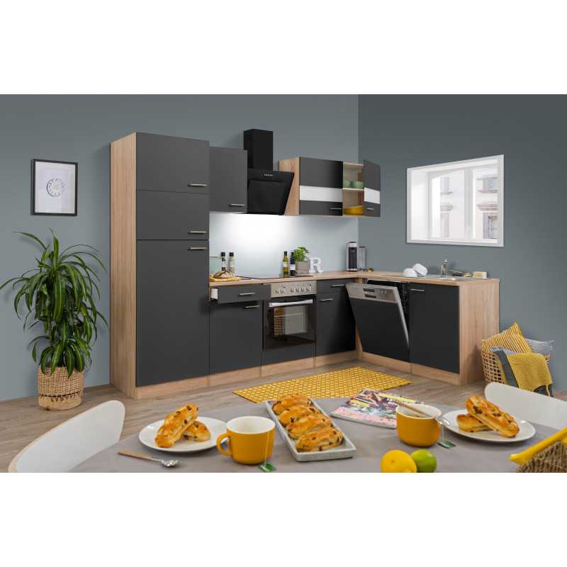 V4 - Küchenzeile Winkelküche L-Küche 280cm Eiche Sägerau grau