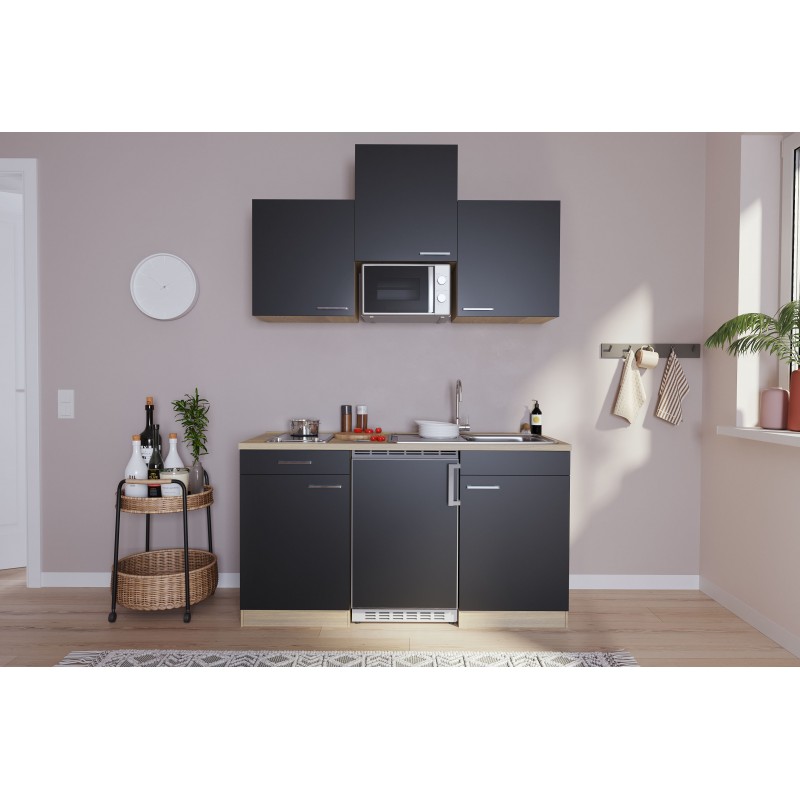 V61 - Singleküche Küchenzeile 150cm Eiche Sägerau schwarz
