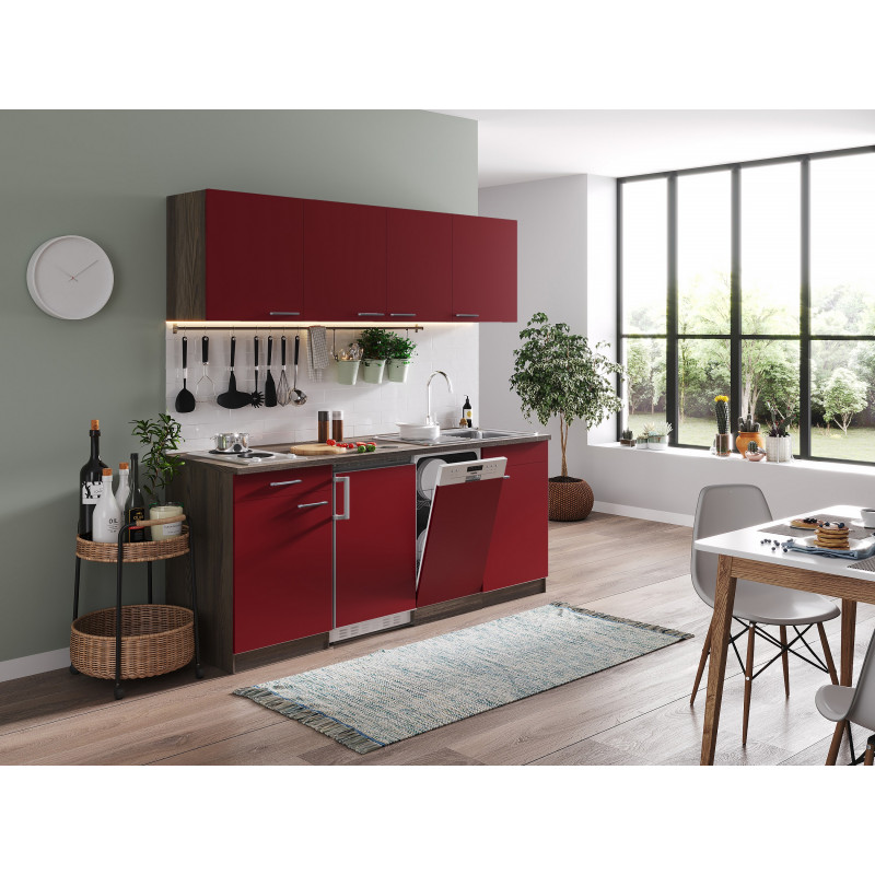 V3 - Singleküche Küchenzeile 195cm Eiche York rot