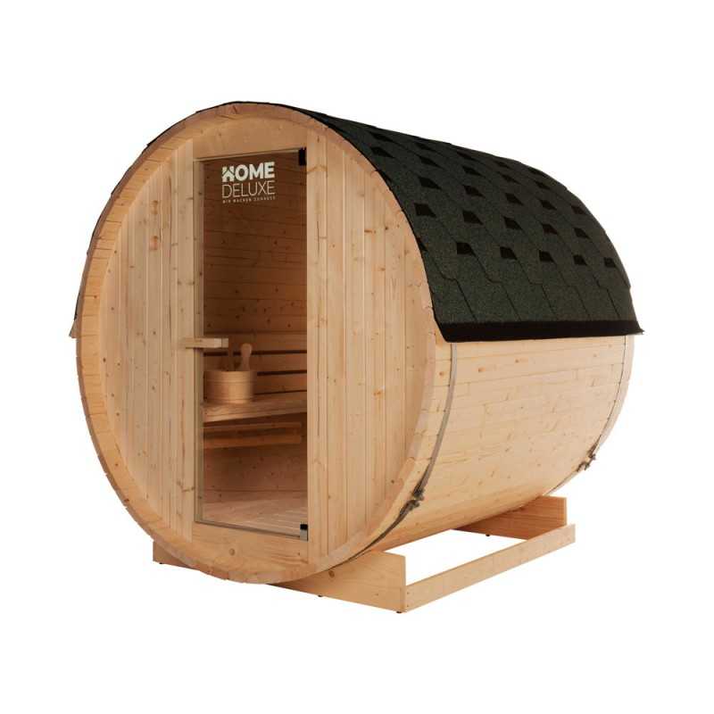 Traditionelle Sauna - Outdoor Fasssauna GENF L mit Ofen (6kW) + Zubehör - 194,8x191,7x180 cm