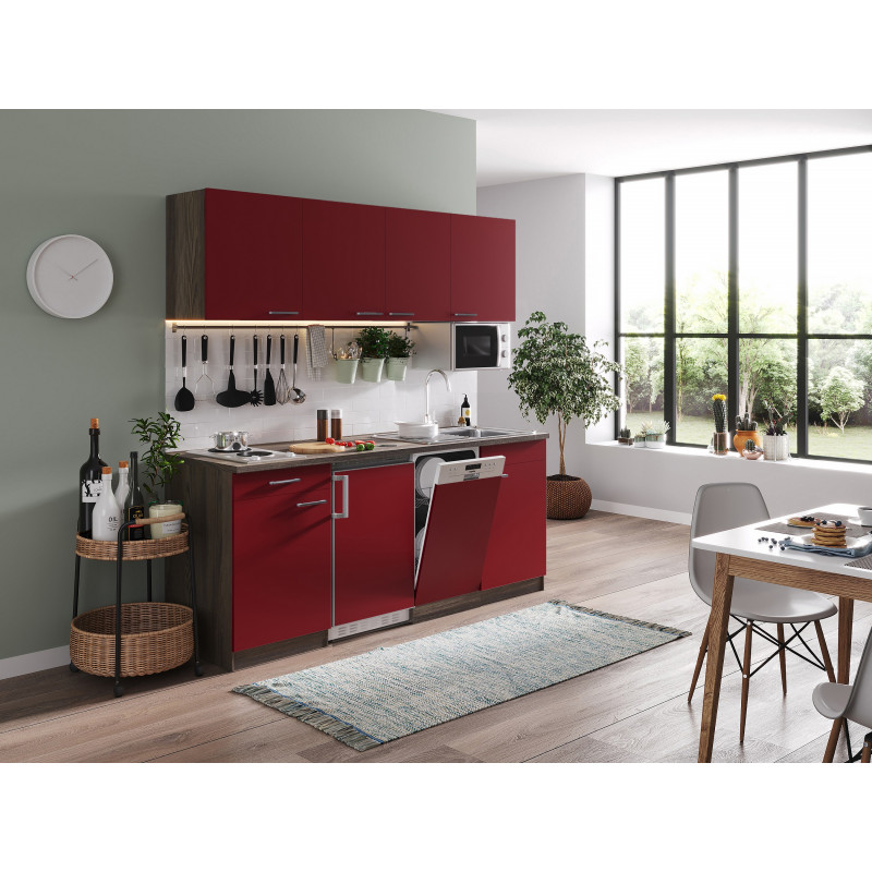 V9 - Singleküche Küchenzeile 195cm Eiche York rot