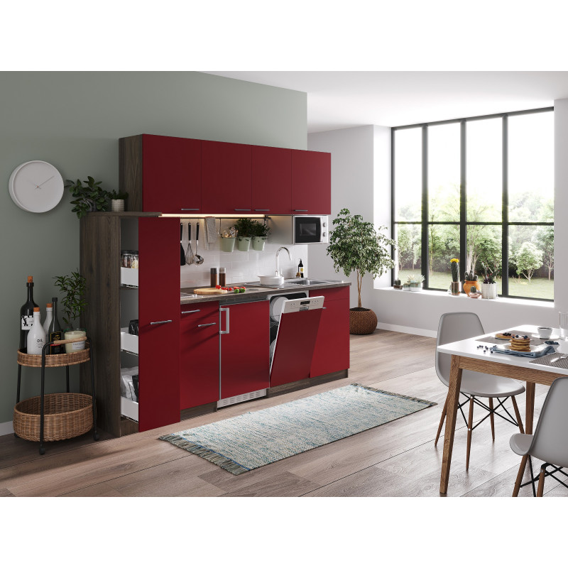 V13 - Singleküche Küchenzeile 225cm Eiche York rot