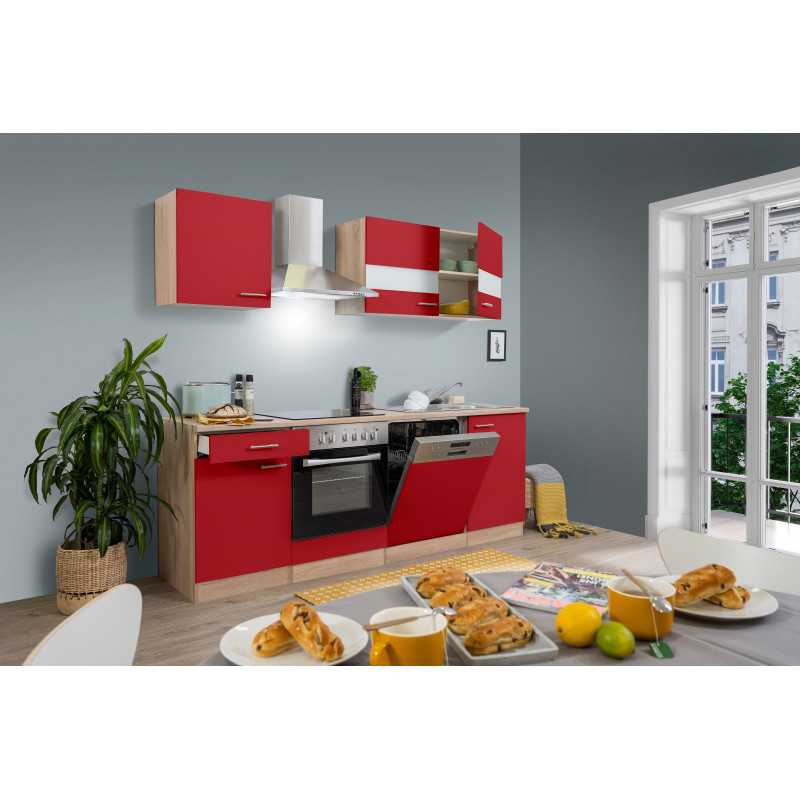 V14 - Küchenzeile Singleküche 220cm Eiche Sonoma rot