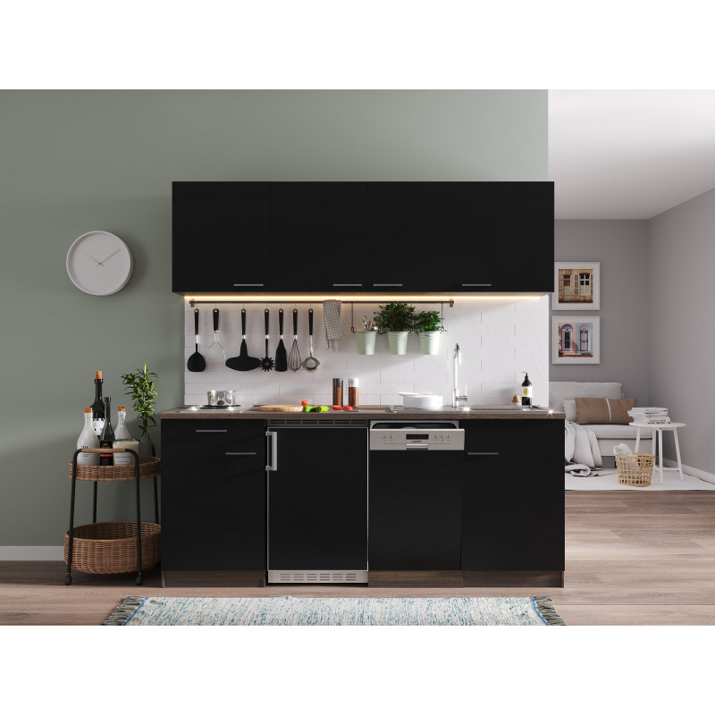 V2 - Singleküche Küchenzeile 195cm Eiche York schwarz