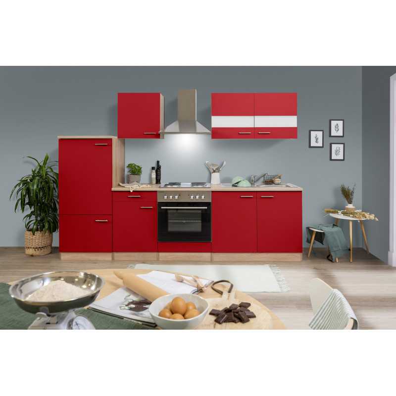 V34 - Küchenzeile Singleküche 270cm Eiche Sonoma rot