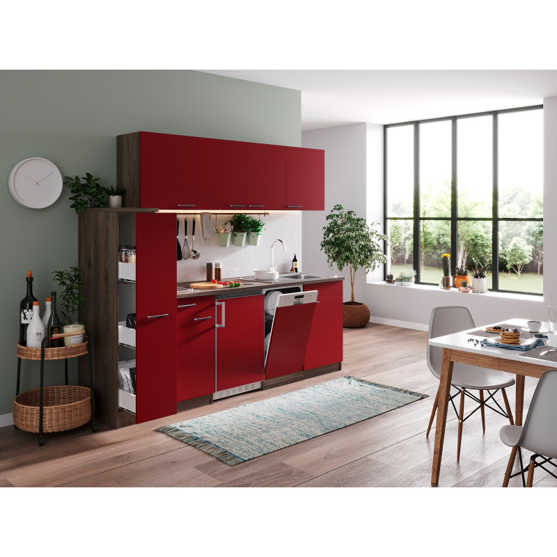V8 - Singleküche Küchenzeile 225cm Eiche York rot