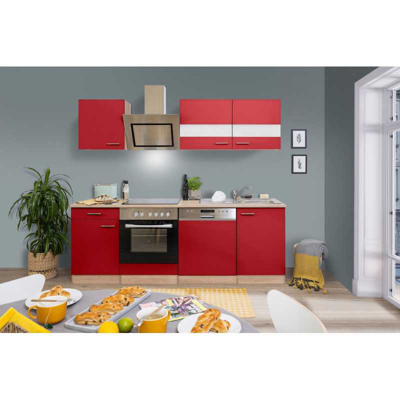 V18 - Küchenzeile Singleküche 220cm Eiche Sonoma rot