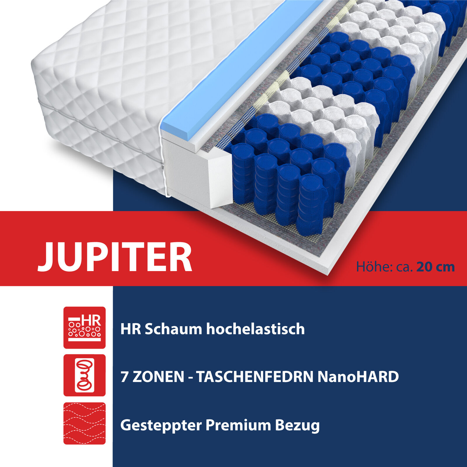 Matratze 100x200 JUPITER 7 Zonen 