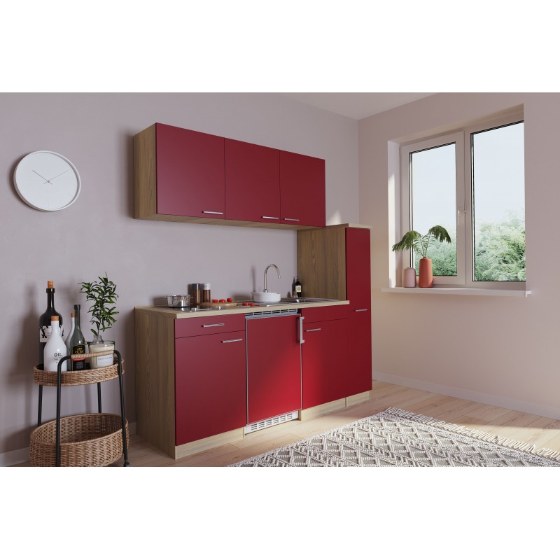 V31 - Singleküche Küchenzeile 180cm Eiche Sägerau rot