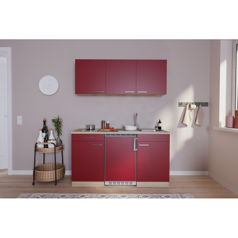 V37 - Singleküche Küchenzeile 150cm Eiche Sägerau rot