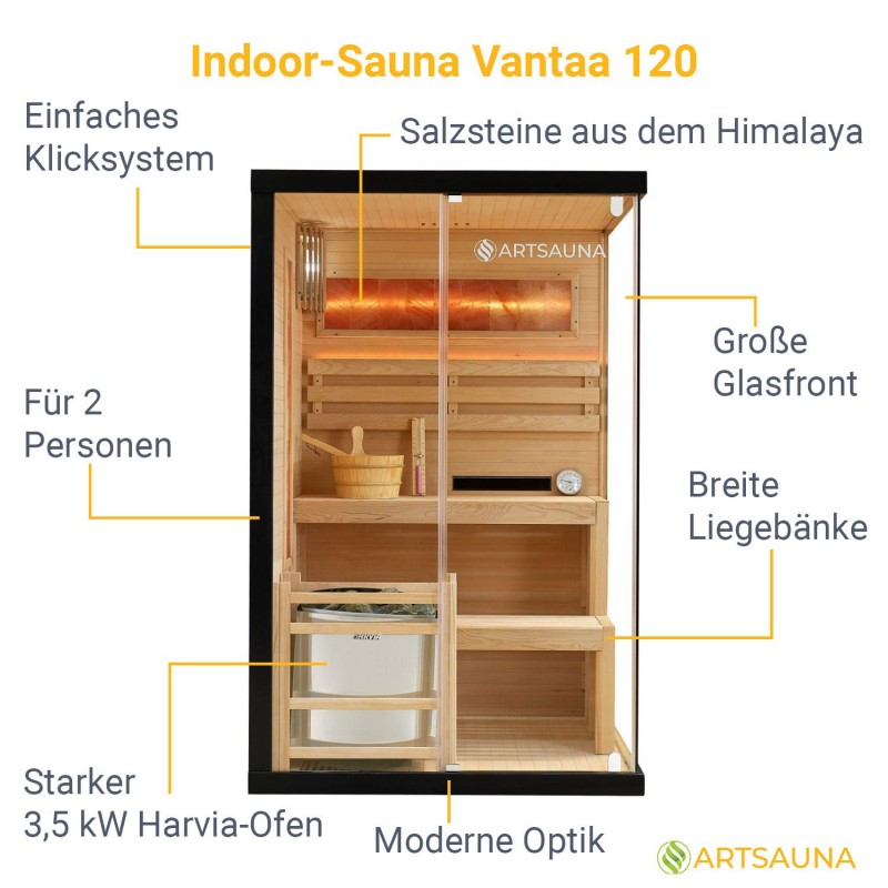 Traditionelle Sauna - Finnische Saunakabine - Salzsauna PARMA - 120x120x190cm