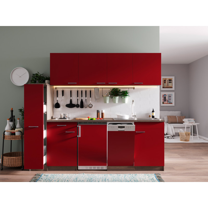 V4 - Singleküche Küchenzeile 225cm Eiche York rot