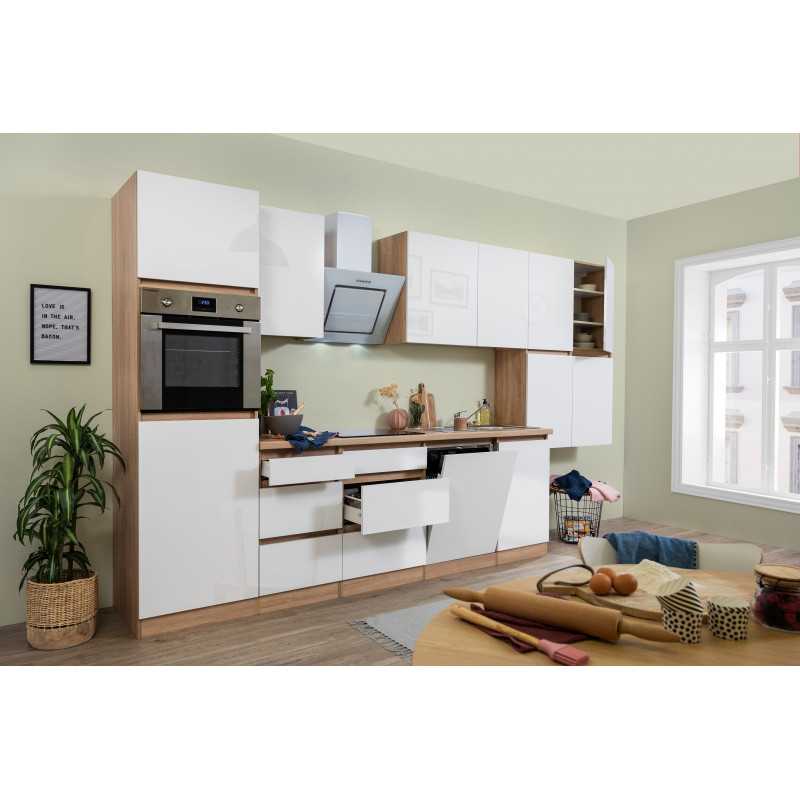 V7 - Küchenzeile Küchenblock 380cm Eiche Sonoma Glanz weiss