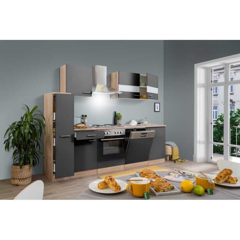 V5 - Küchenzeile Singleküche 250cm Eiche Sägerau grau