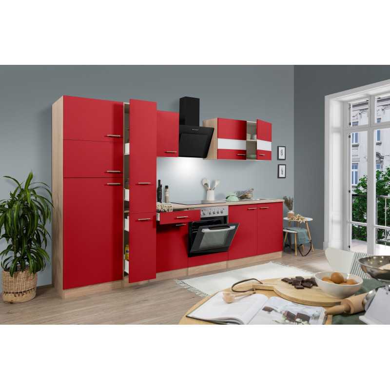 V46 - Küchenzeile Küchenblock 300cm Eiche Sonoma rot