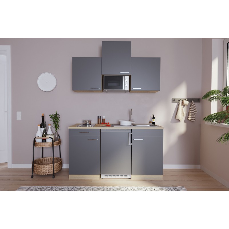 V62 - Singleküche Küchenzeile 150cm Eiche Sägerau grau