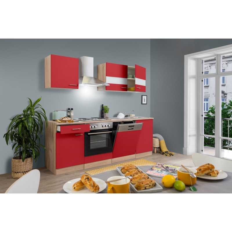 V4 - Küchenzeile Singleküche 220cm Eiche Sonoma rot