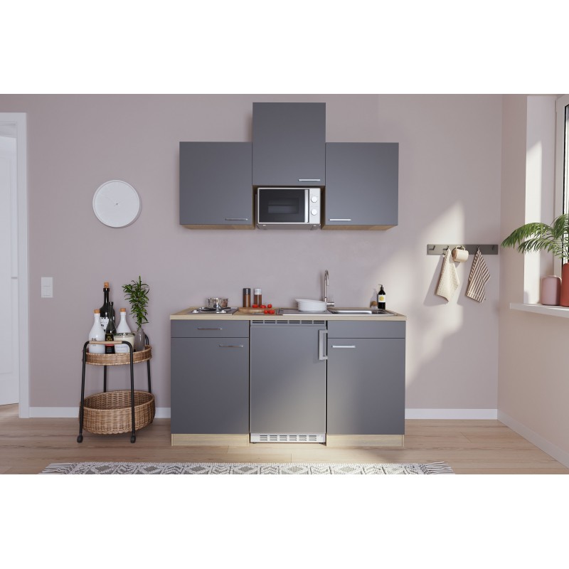 V41 - Singleküche Küchenzeile 150cm Eiche Sägerau grau