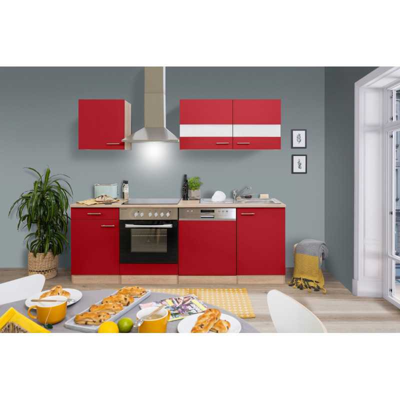 V14 - Küchenzeile Singleküche 220cm Eiche Sonoma rot
